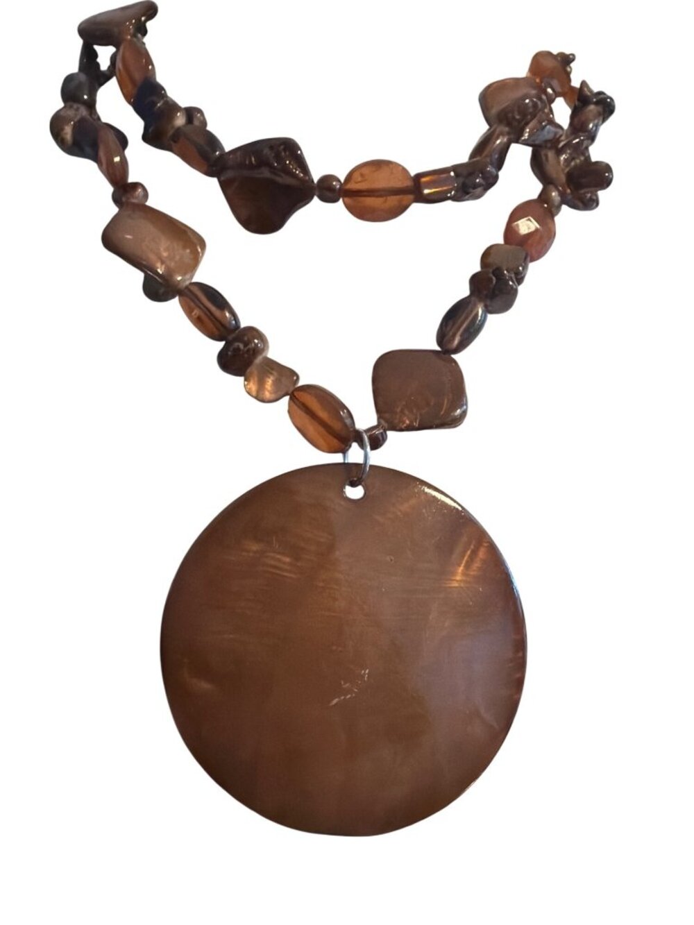 Vtg Brown Shell Glass Bead Necklace Large Round Shell Pendant Layered Adj 19"